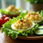 Close-up of creamy egg salad with lettuce, chives, and tomatoes