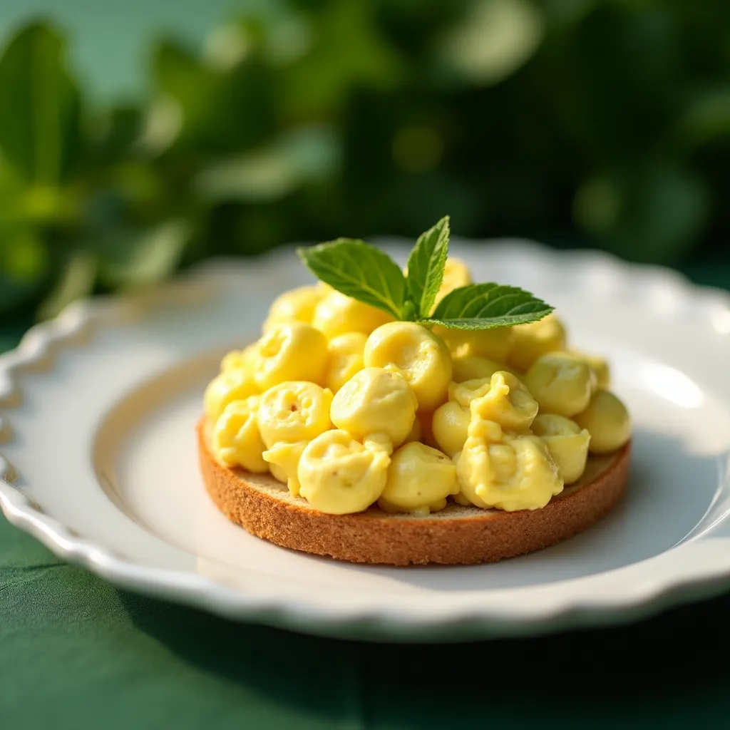 Close-up of creamy egg salad on lettuce with chives and cherry tomatoes