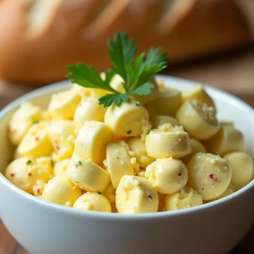 Classic egg salad in a ceramic bowl, garnished with parsley, on a rustic wooden table.