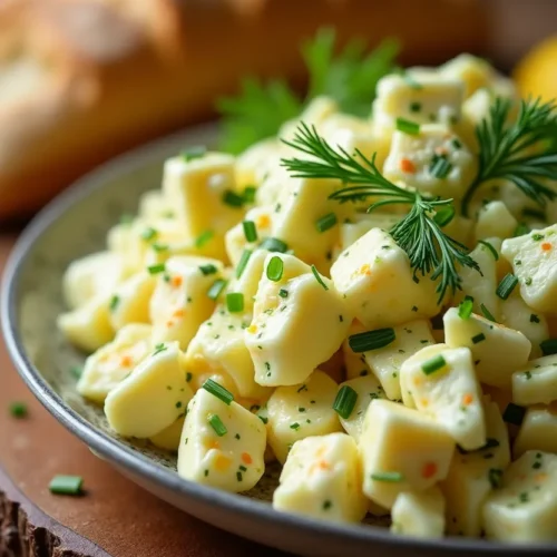 Vibrant herbed egg salad close-up with fresh herbs, creamy texture, on rustic wooden table.