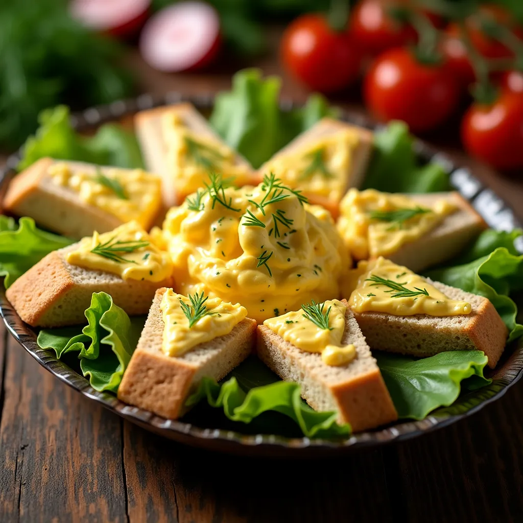 Creamy egg salad on lettuce with chives, tomatoes, and cucumbers