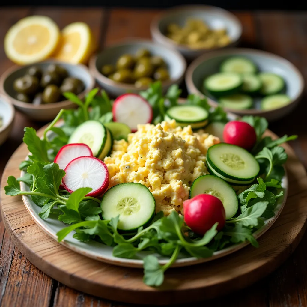 Close-up of creamy egg salad on lettuce with chives, paprika, cherry tomatoes, and cucumber.