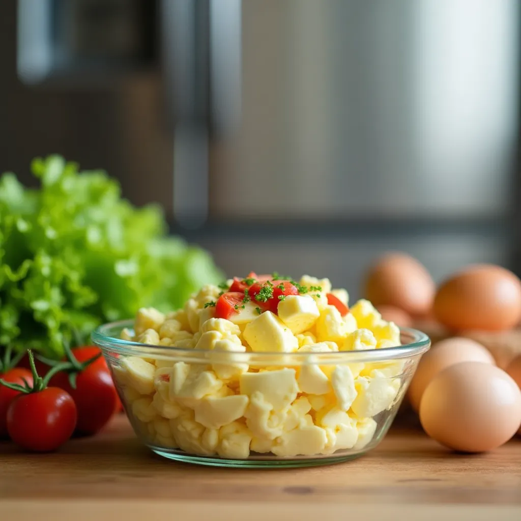 Close-up of creamy egg salad on fresh lettuce with chives and paprika.