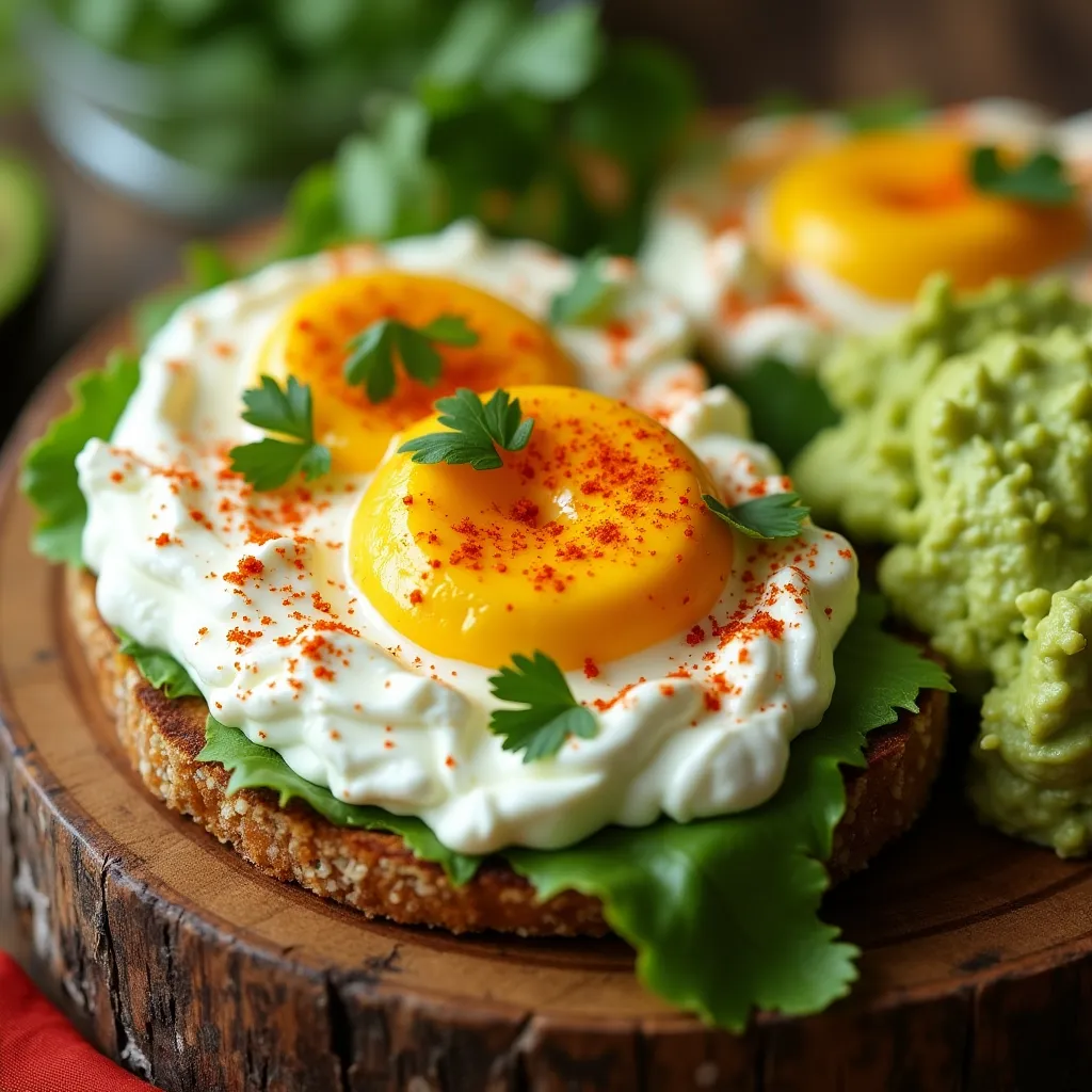 Close-up of creamy egg salad with lettuce, chives, and paprika under natural light.