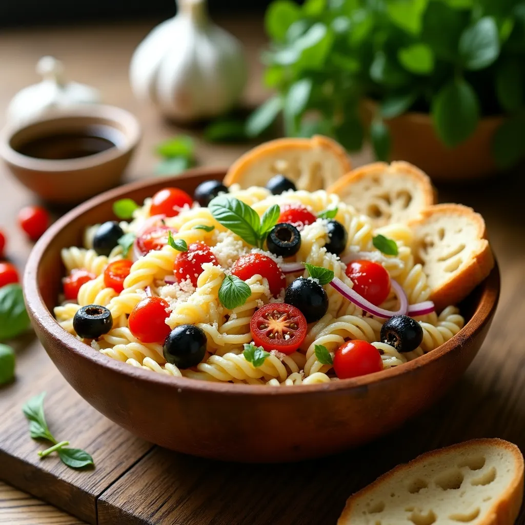 Vibrant Italian pasta salad with leeturce and fresh ingredients