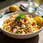 Close-up of crab pasta salad in a rustic bowl with fresh ingredients