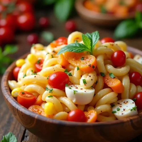 Close-up of vibrant crab pasta salad in a rustic bowl