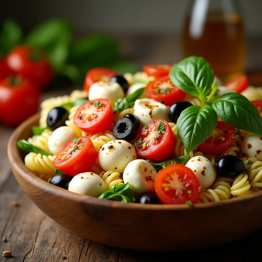 Vibrant Italian pasta salad with leeturce in rustic bowl.