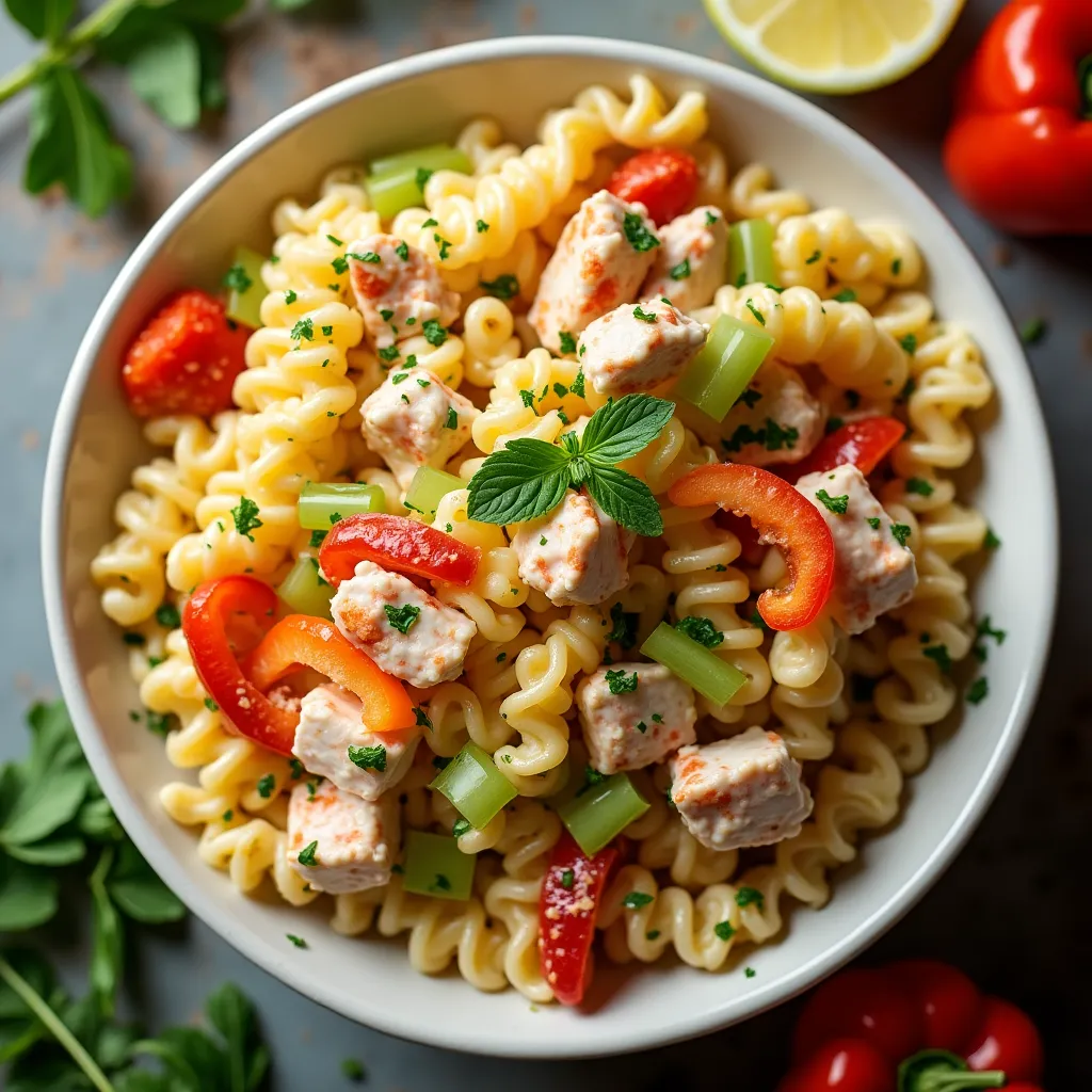 Close-up of colorful crab pasta salad in white bowl.