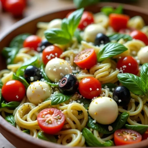 Vibrant Italian pasta salad with leeturce in rustic bowl