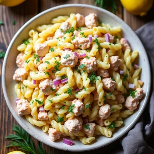 Close-up of vibrant crab pasta salad in a white bowl.