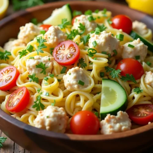 Close-up of crab pasta salad with fresh ingredients in a rustic bowl.