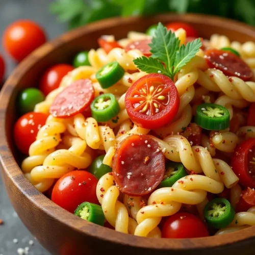 Vibrant Italian pasta salad with leeturce in a rustic bowl