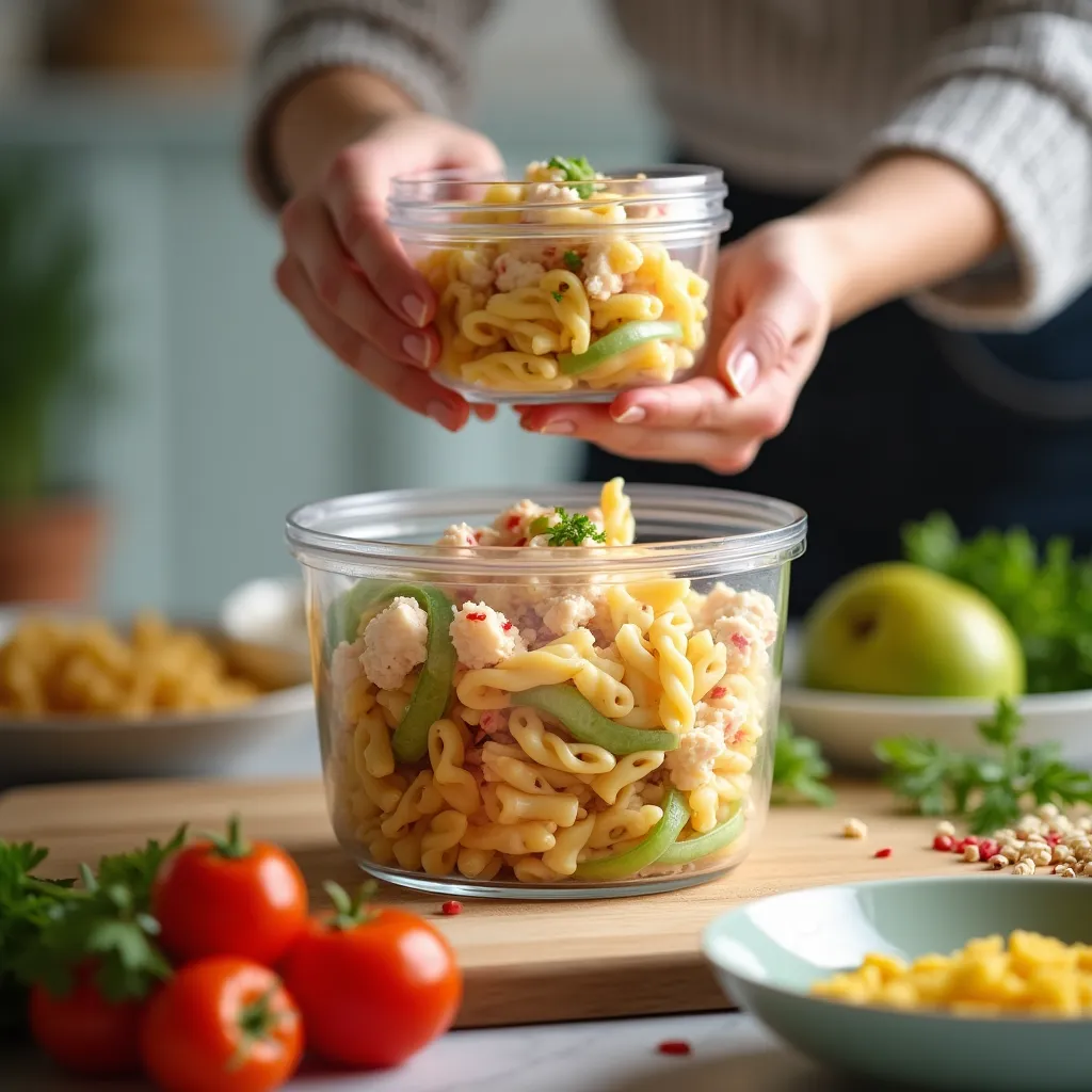 Close-up of crab pasta salad with colorful ingredients in a rustic bowl