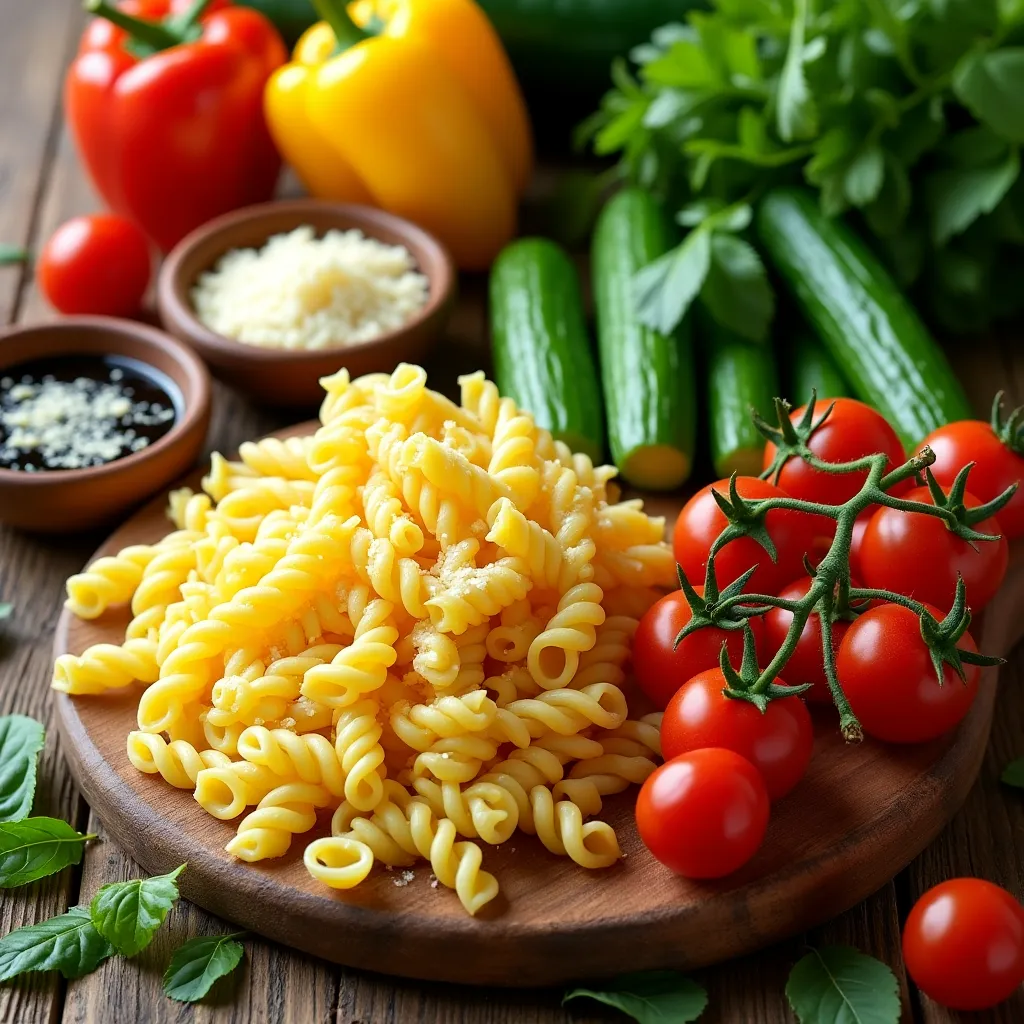 Fresh Italian pasta salad with leeturce in a wooden bowl