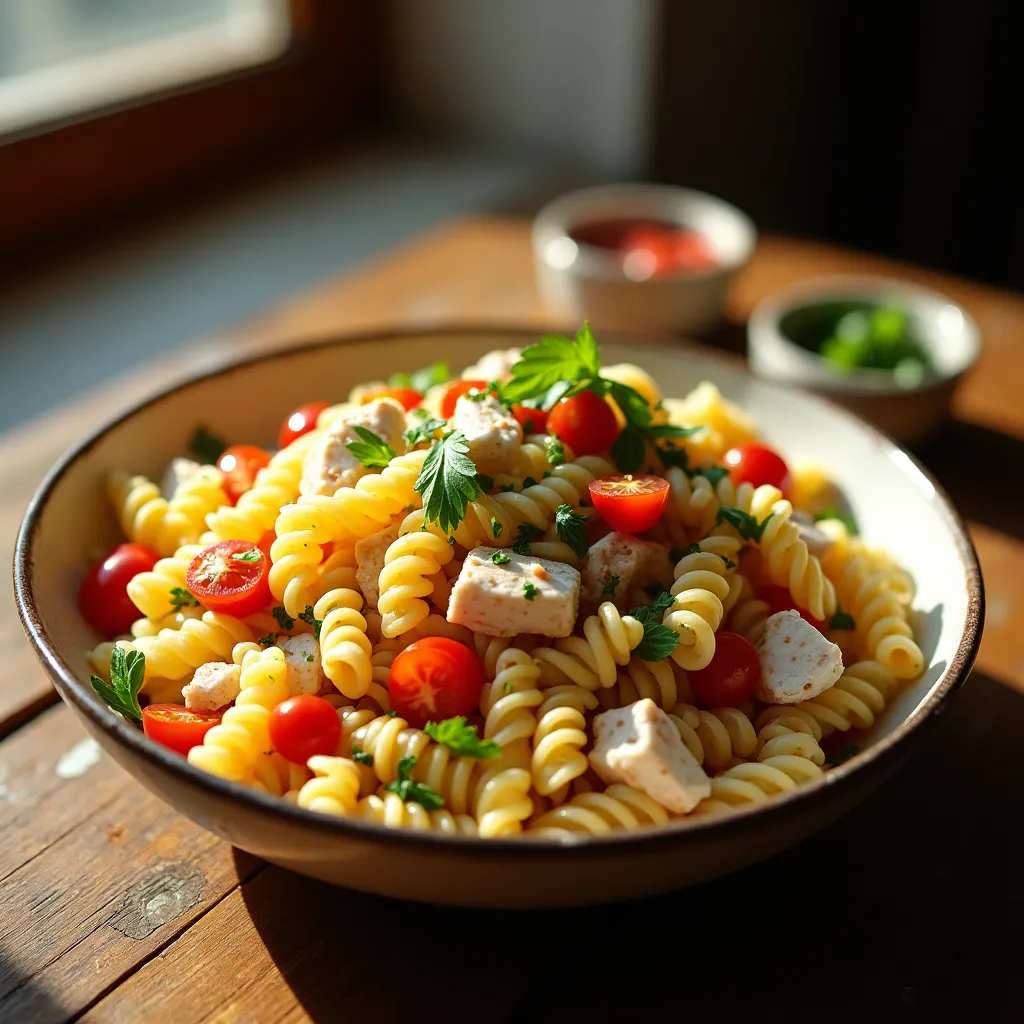 Close-up of crab pasta salad in white bowl with lemon.