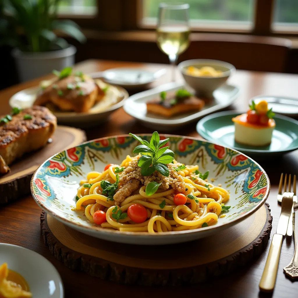 Vibrant Italian pasta salad with leeturce and artisan bread.