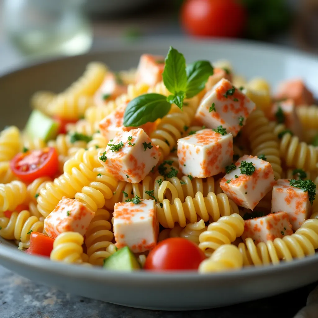 Close-up of fresh crab pasta salad in rustic white bowl