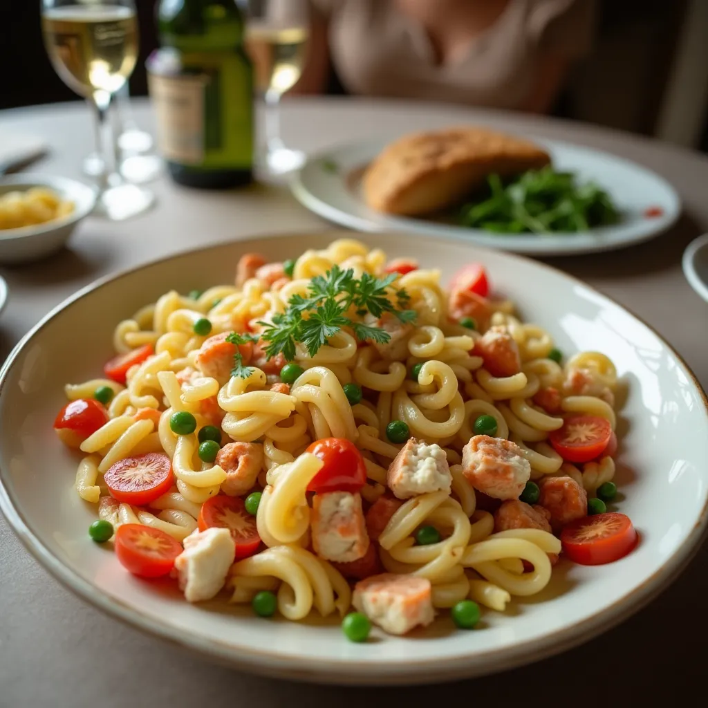 Close-up of crab pasta salad in a white bowl with dill and lemon.