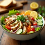 Canned chicken salad in rustic bowl with vegetables and lemon wedges