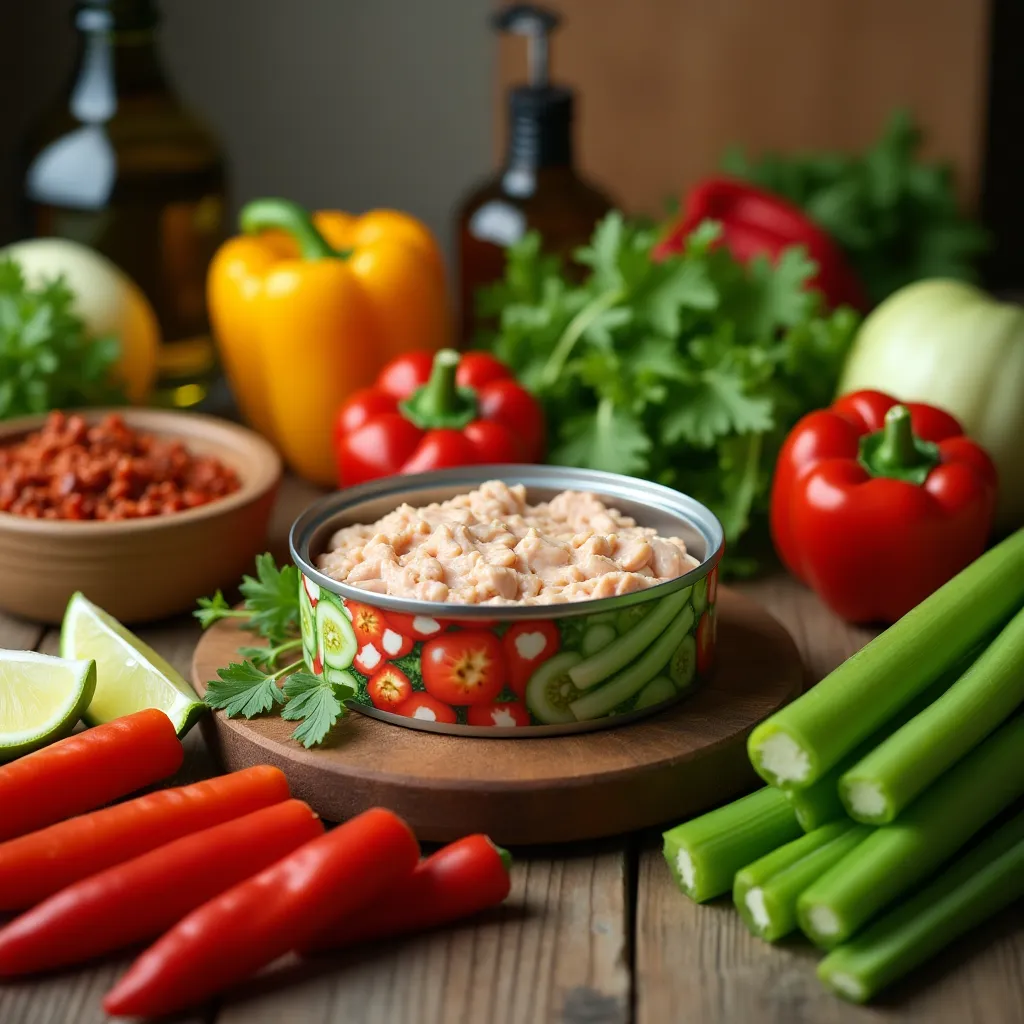 Canned chicken salad with vibrant colors in a rustic bowl