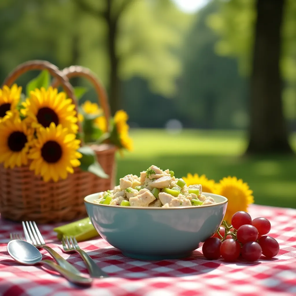 Rustic canned chicken salad in white bowl with fresh ingredients.