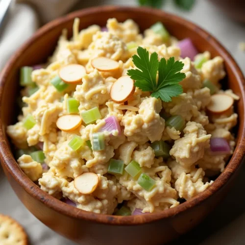 Canned chicken salad in a rustic bowl with fresh ingredients.