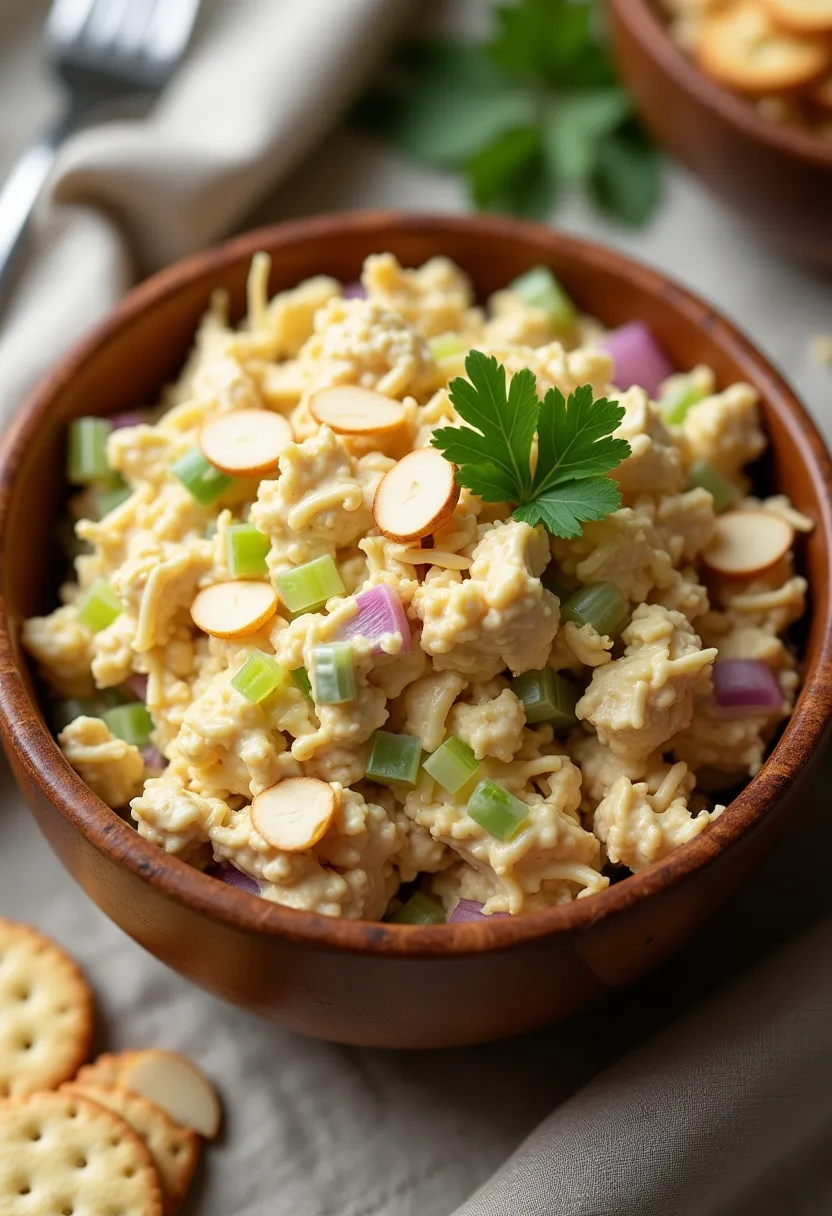 Canned chicken salad in a rustic bowl with fresh ingredients.