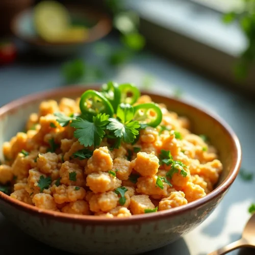 Canned chicken salad in a rustic bowl with fresh ingredients