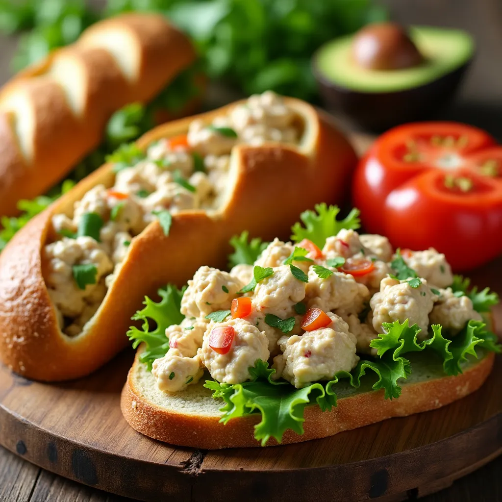 Canned chicken salad in a rustic bowl with fresh ingredients.