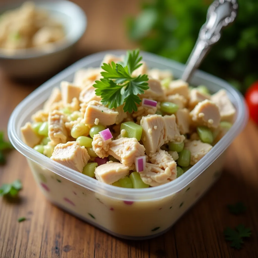 Canned chicken salad in rustic bowl with ingredients