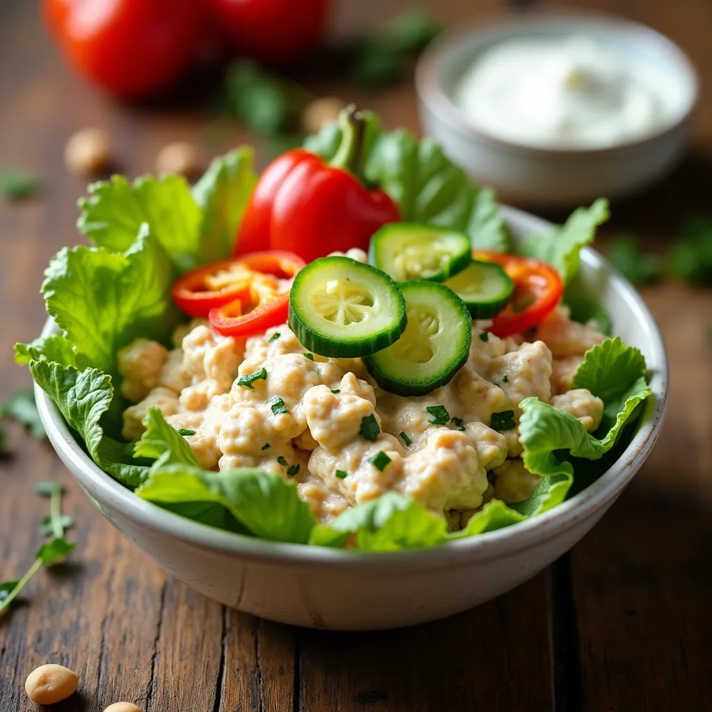 Canned chicken salad in a rustic bowl with bread