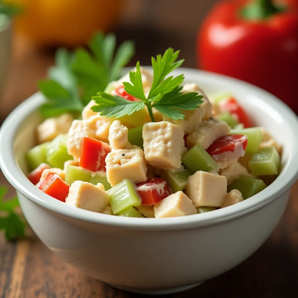 Colorful canned chicken salad in a rustic bowl with fresh ingredients.