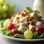 Creamy grape salad with chicken salad on a rustic wooden table