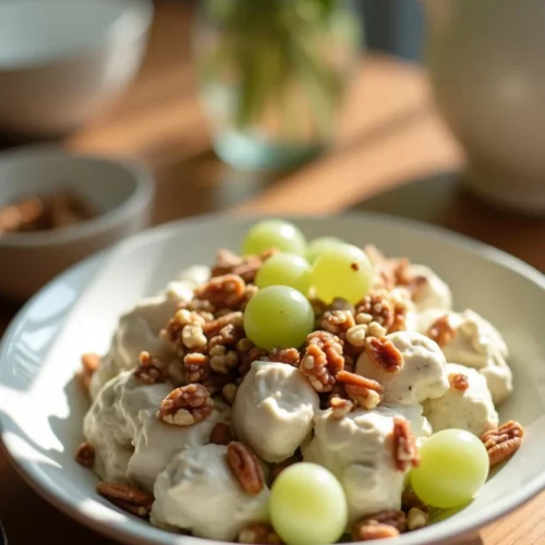 Vibrant grape salad with chicken salad on a rustic table