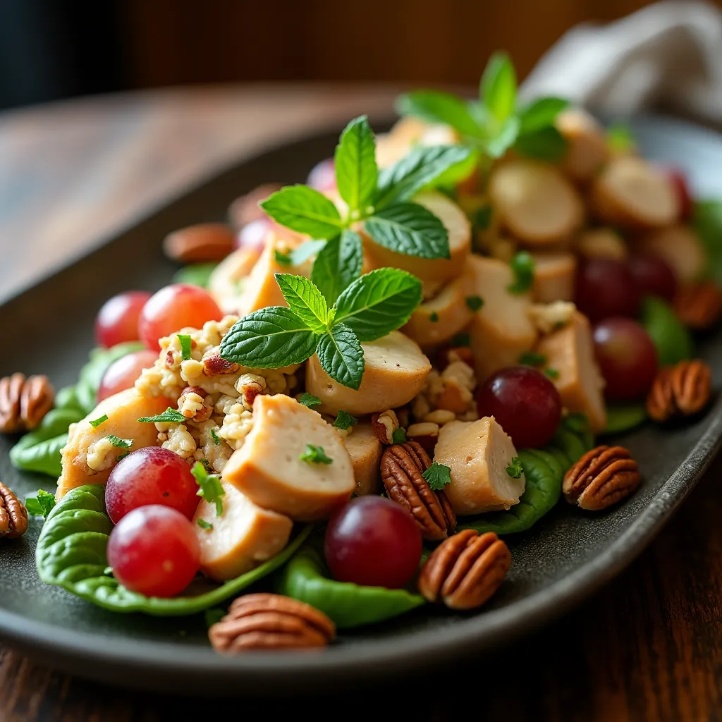 Creamy grape salad with chicken salad, pecans, and toasted baguette slices