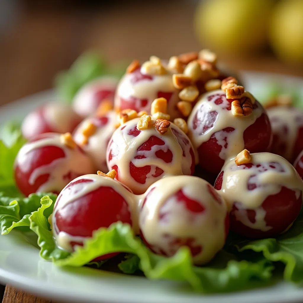 Creamy grape salad with chicken salad on a rustic wooden table