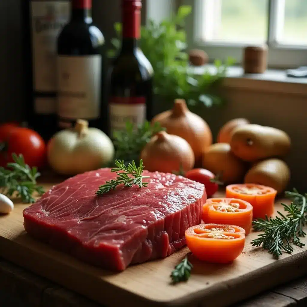 Classic beef stew in a bowl with vegetables and rosemary