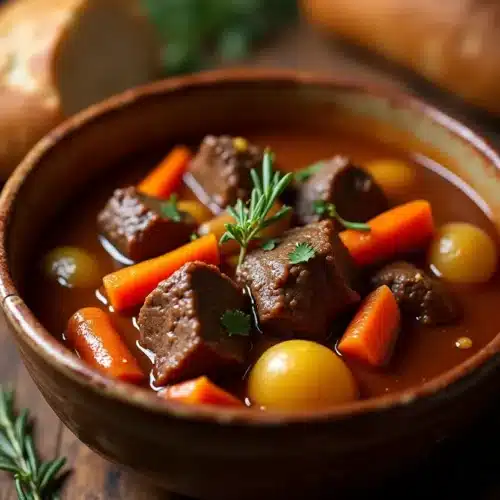 A bowl of classic beef stew with fresh herbs and vegetables.