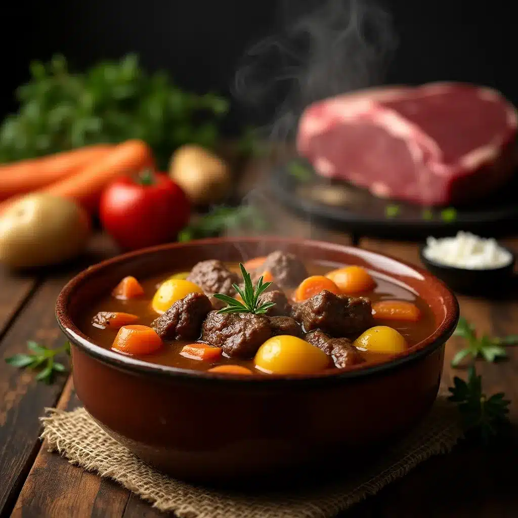 Savory classic beef stew in white bowl with vegetables and gravy