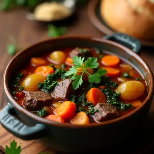 Classic beef stew in a white bowl with fresh rosemary on a marble countertop