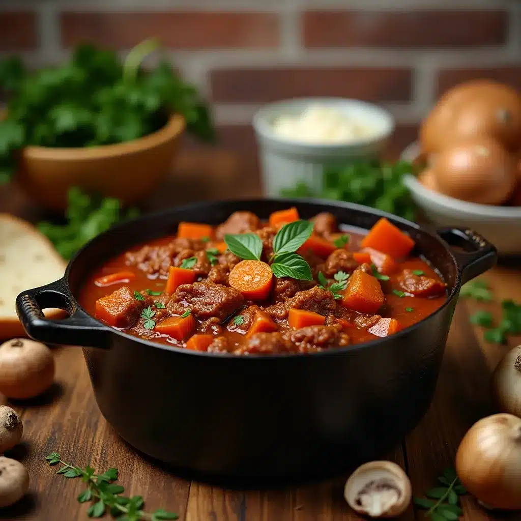 Bowl of classic beef stew with rosemary on marble countertop