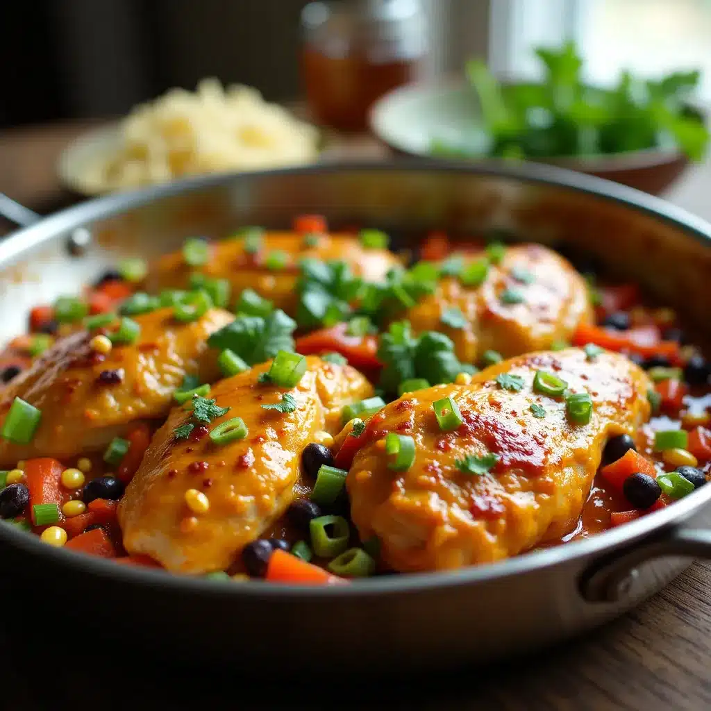 Colorful Mexican chicken skillet with fresh toppings in a silver pan