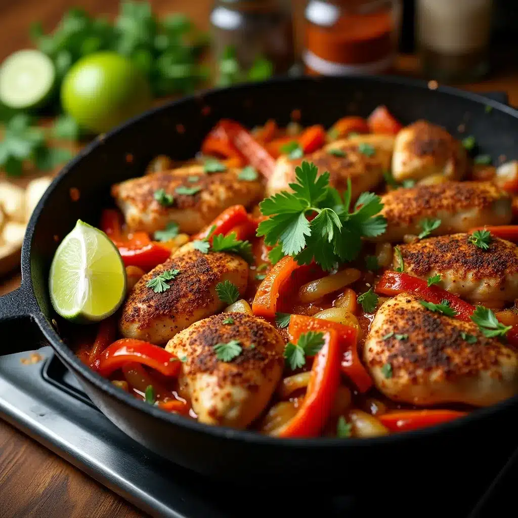 Colorful Mexican chicken skillet garnished with veggies and cheese in a silver pan