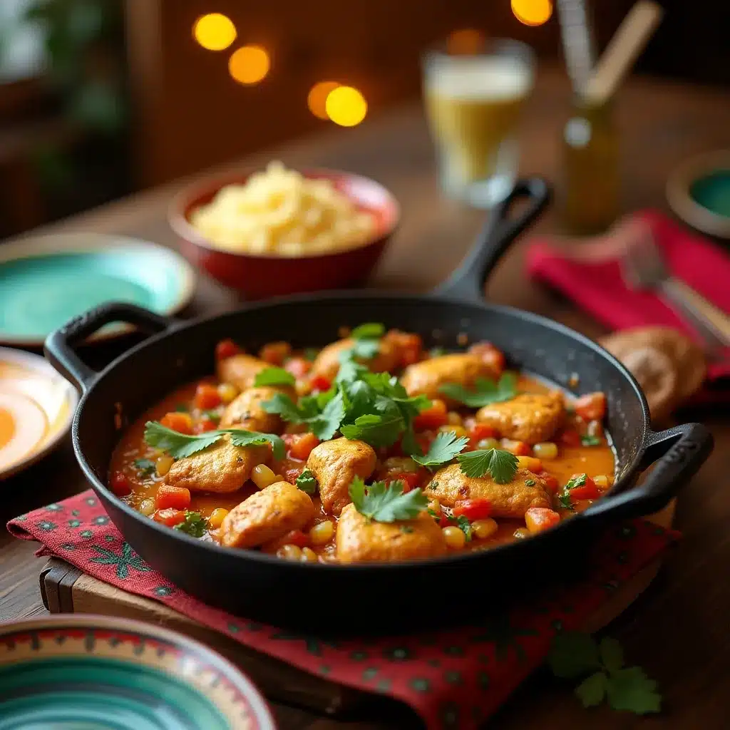 Vibrant Mexican chicken skillet with colorful ingredients in a silver pan