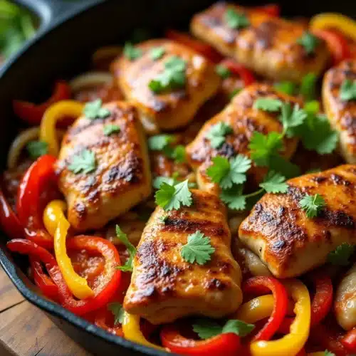 Vibrant Mexican chicken skillet with colorful ingredients in a silver pan