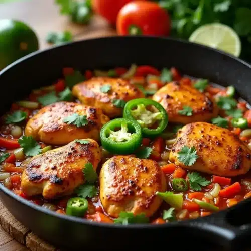 Vibrant Mexican chicken skillet with colorful ingredients in a silver pan