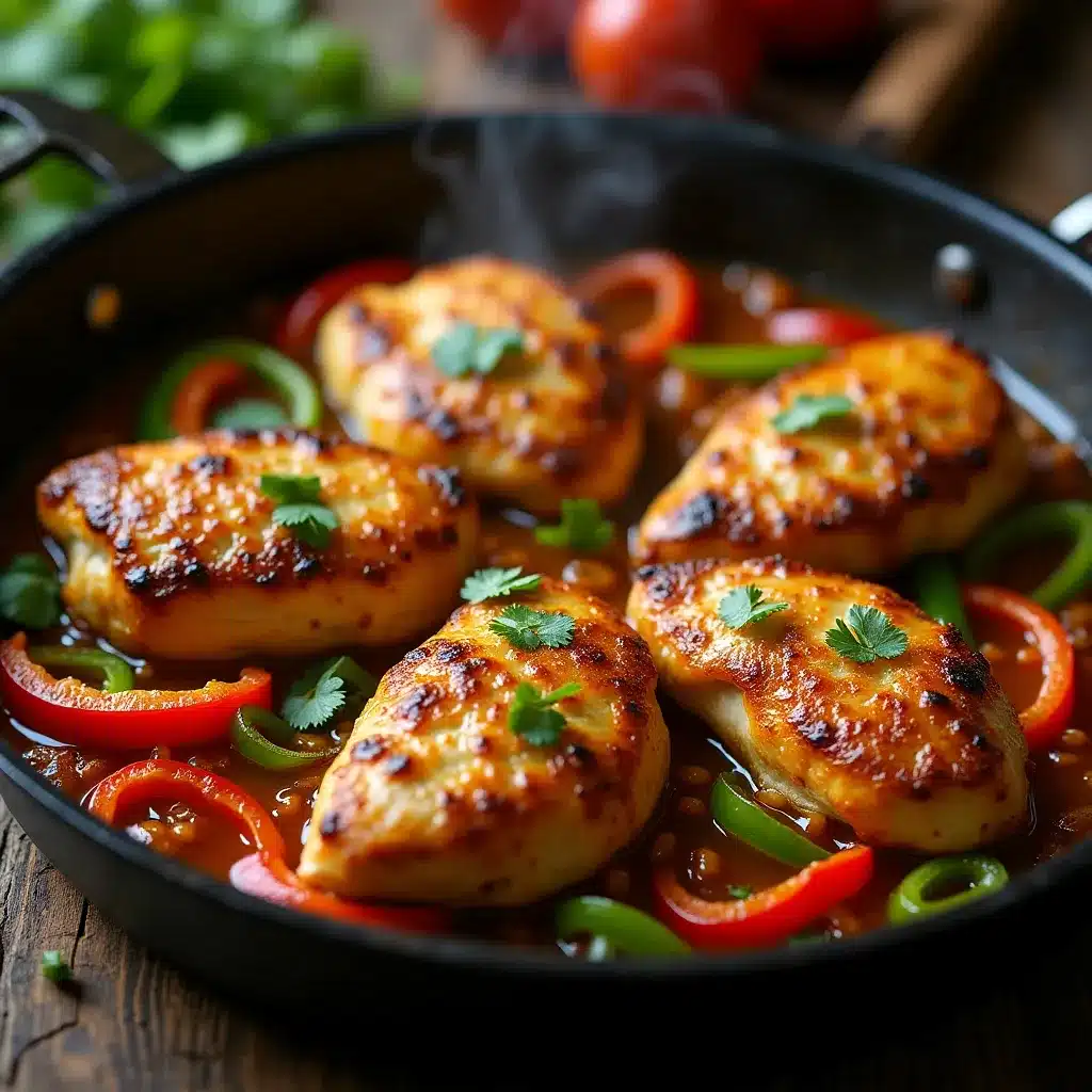 A vibrant Mexican Chicken Skillet with colorful ingredients in a silver pan.