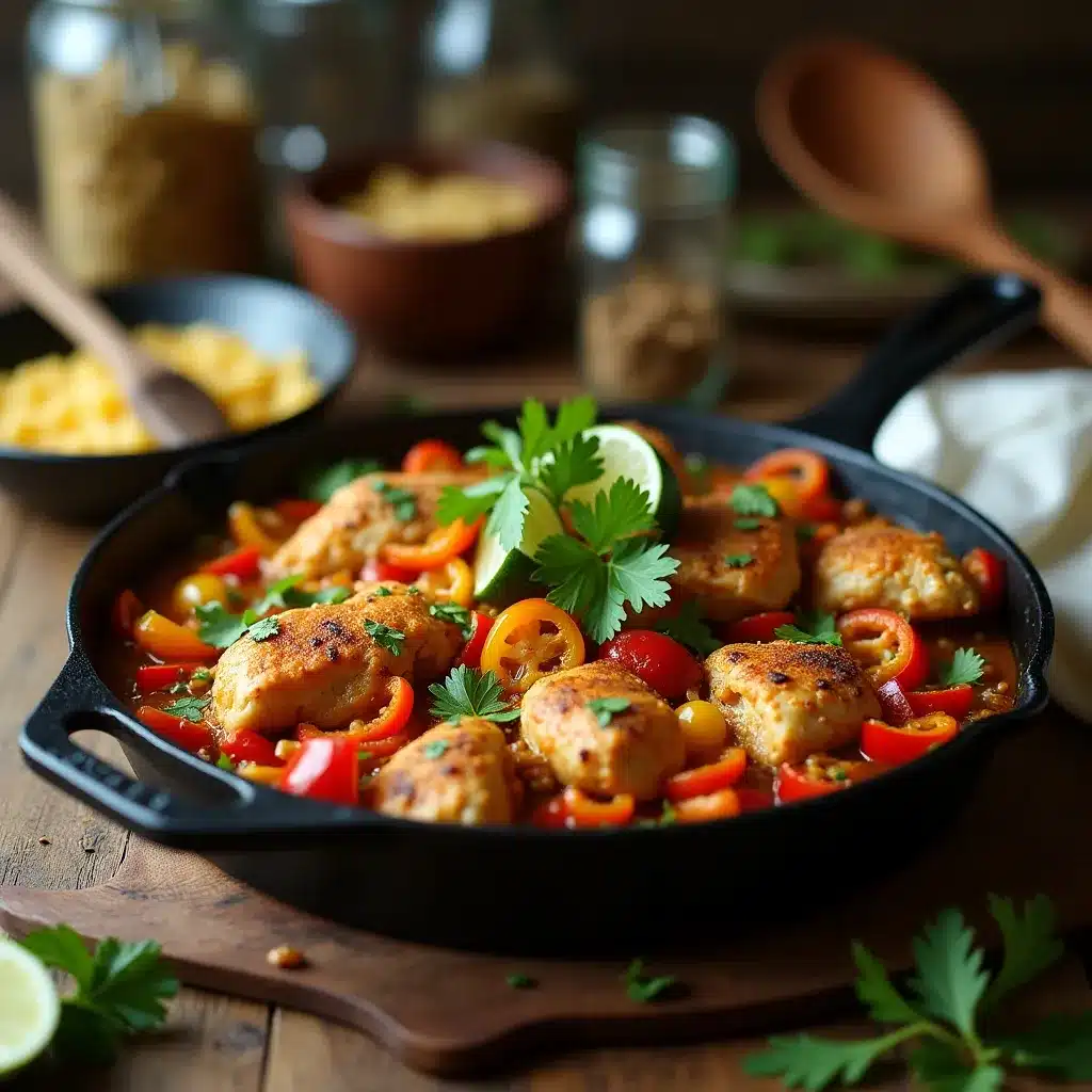 A vibrant Mexican chicken skillet with cheese and veggies