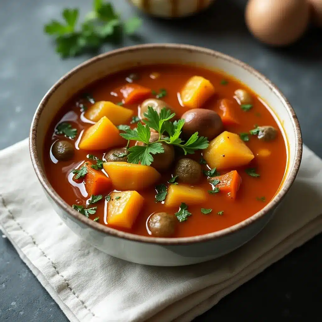 Bowl of hearty vegetable stew with squash and potatoes on dark gray surface